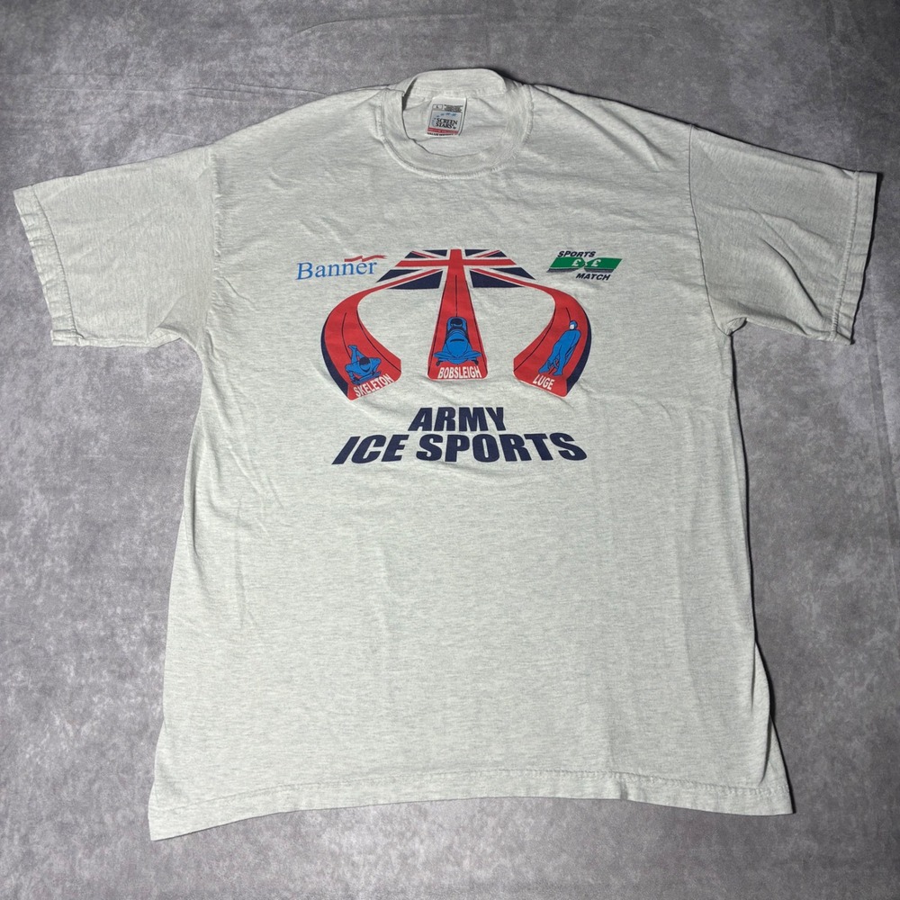 Vintage Screen Stars Army Ice Sports T-Shirt Grey L Skeleton Bobsleigh Luge